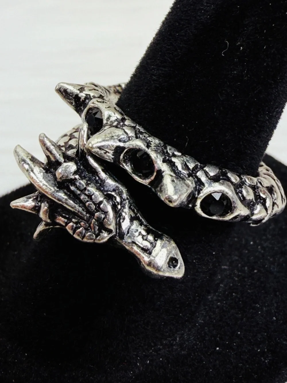 Beautiful silvertone, black bling, dragon coil costume ring